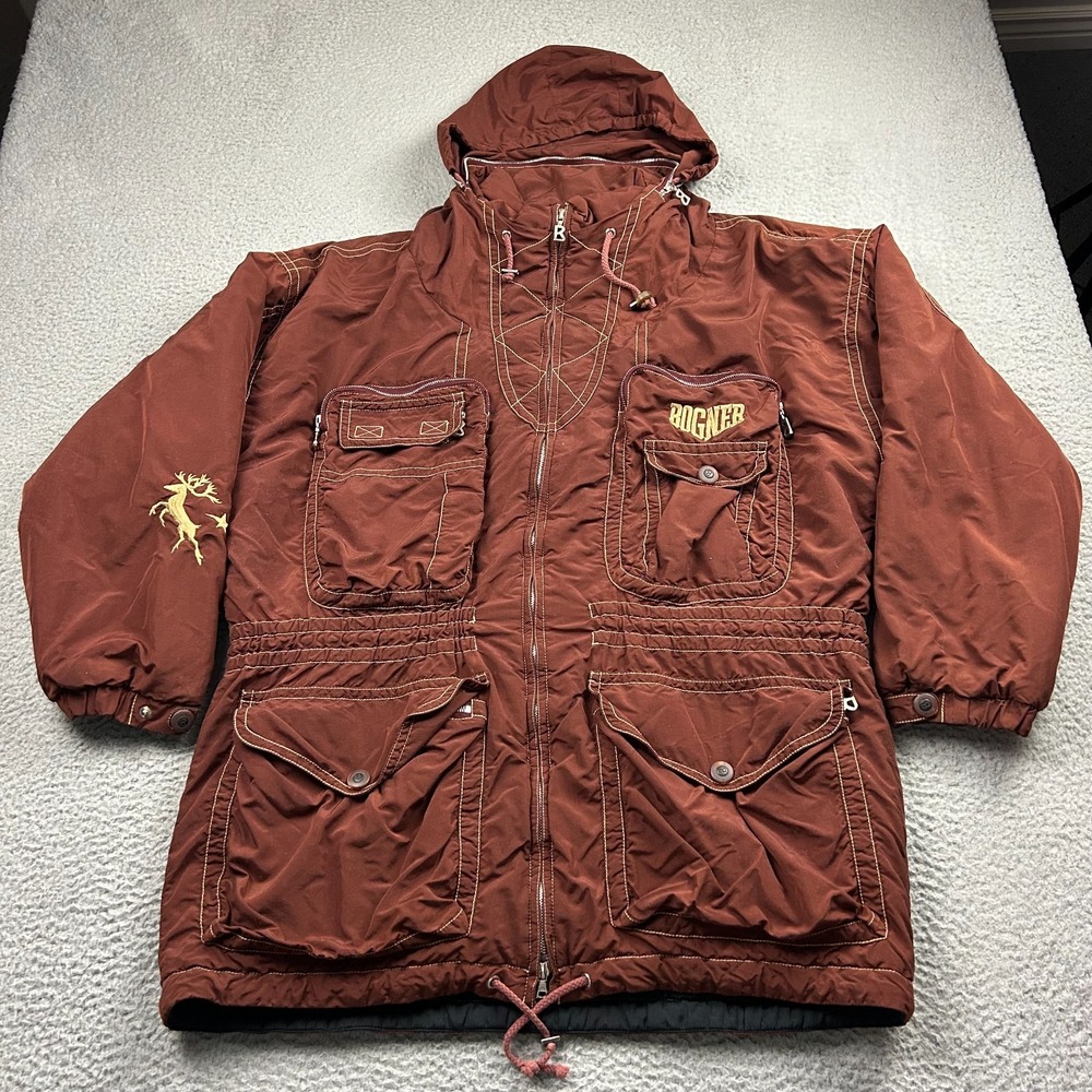 VTG Bogner Ski Jacket Mens 40 Brown Multi Pocket Deer Embroidery Made In USA